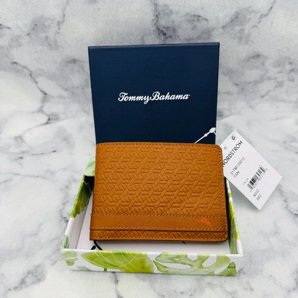 Tommy Bahama Leather Bifold Wallet,Tan Geometric Embossed,Logo Detail,Boxed-NEW - Picture 1 of 13